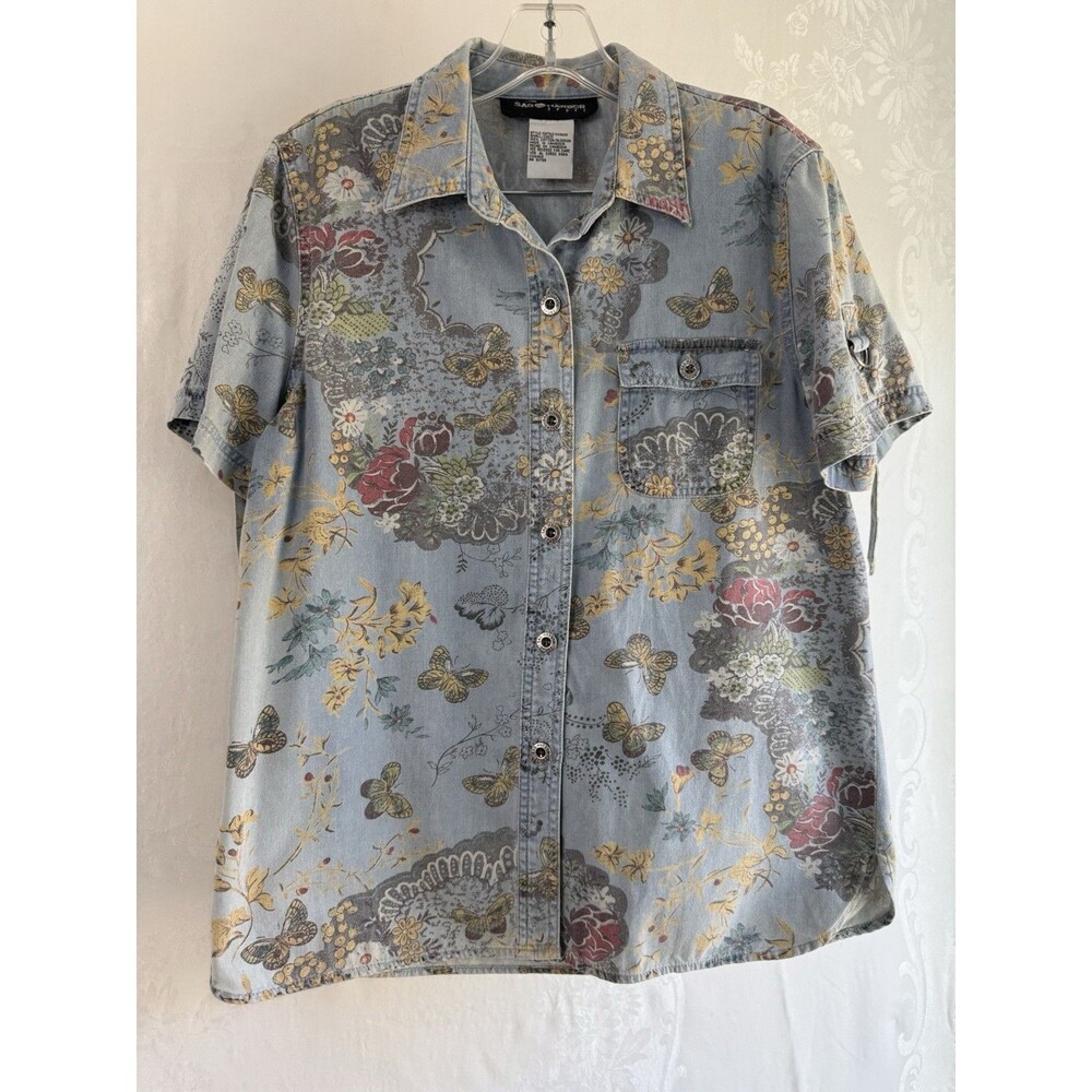 Vintage Floral Butterfly Denim Short Sleeve Shirt Sag Harbor Sport Small Cotton